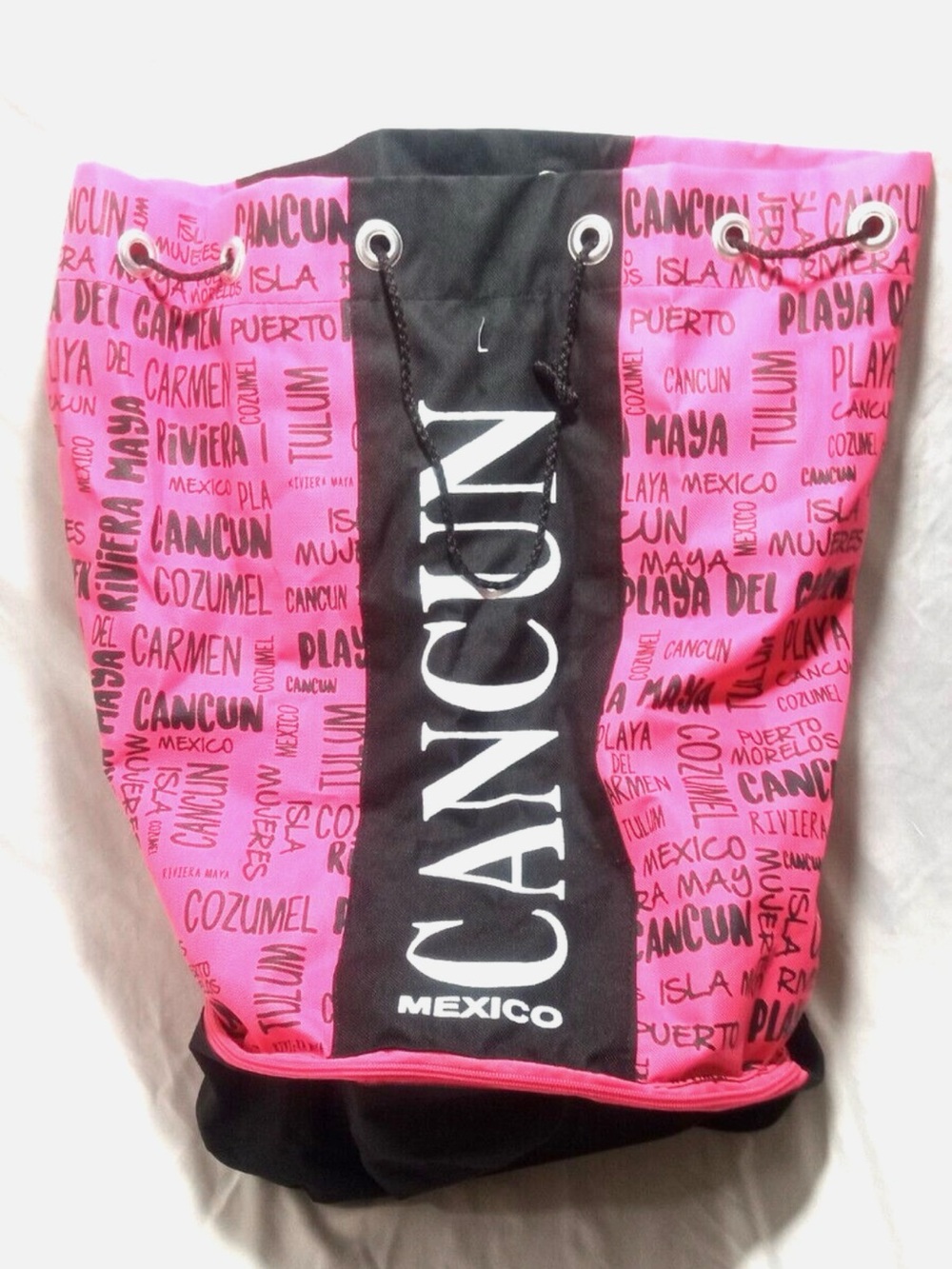 Drawstring Backpack Cancun Mexico Pink Bottom Compartment Large Sized